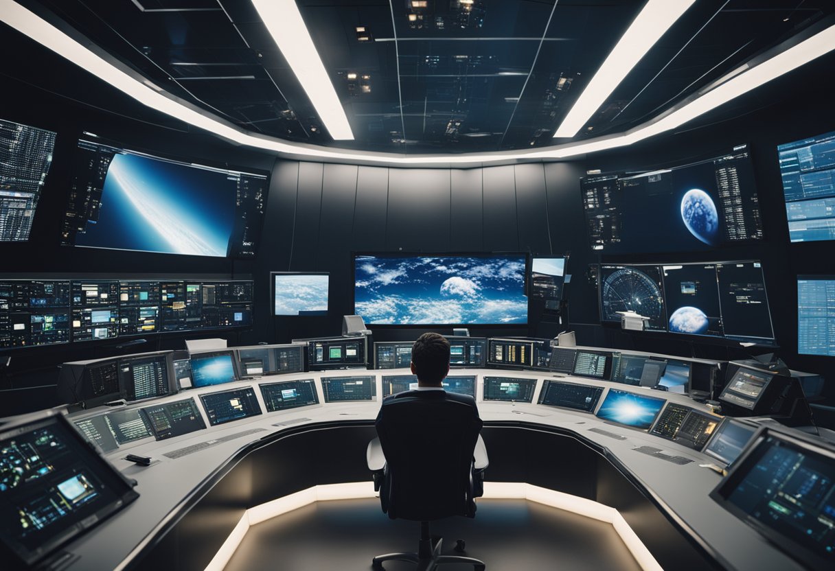 Spacecraft with advanced features orbiting Earth. Regulations displayed on screens in control room. Futuristic design and technology evident