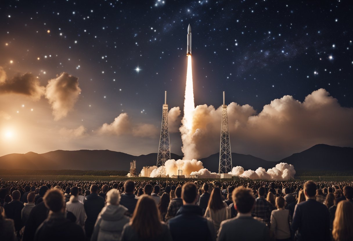 A rocket launches into the starry sky, leaving Earth behind. A diverse crowd watches in awe, representing the cultural impact of space travel