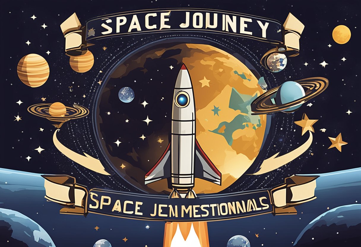 A rocket ship blasting off from Earth, surrounded by twinkling stars and planets, with a banner reading "Space Journey Testimonials" in bold letters