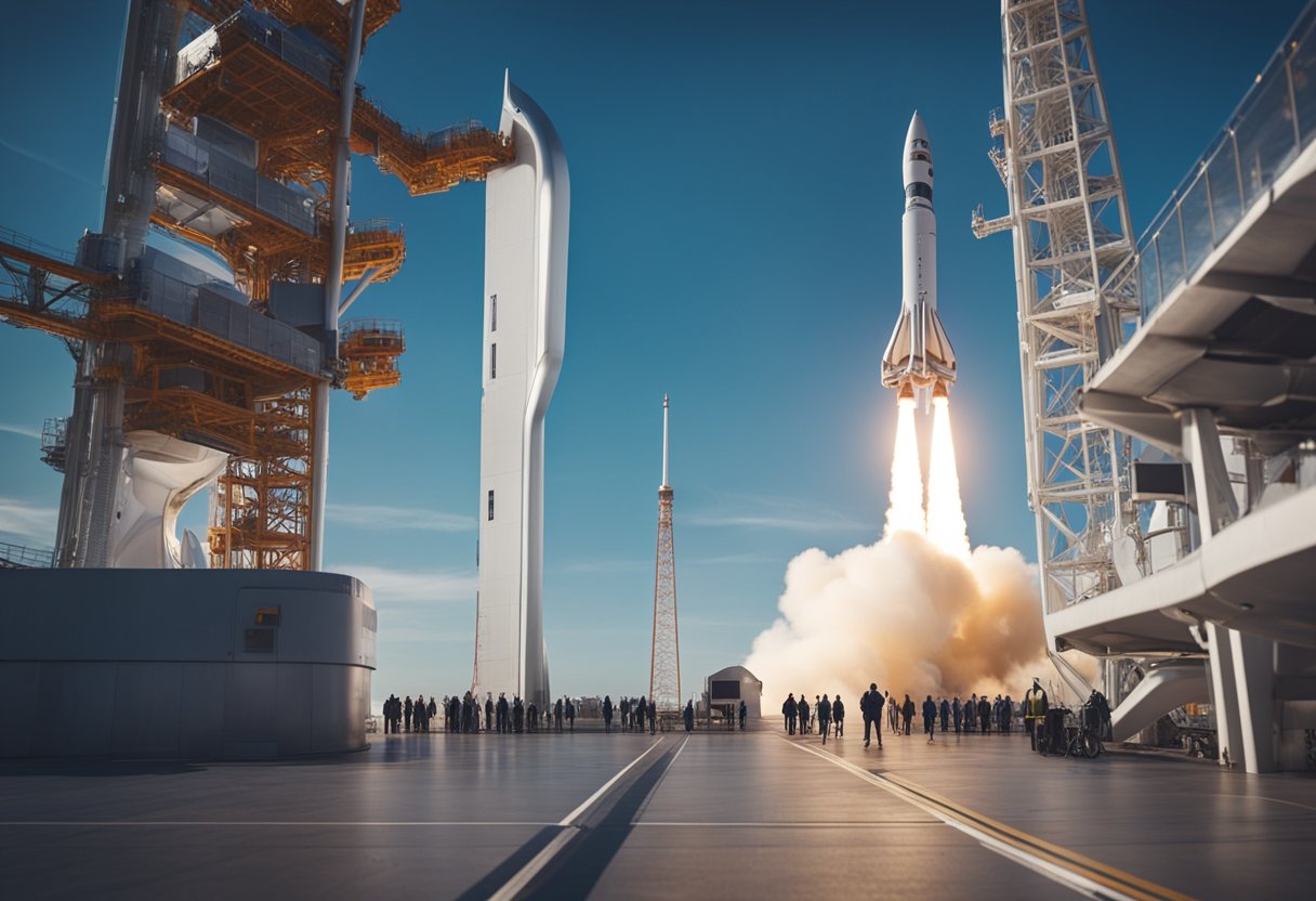 A rocket stands ready for launch on a futuristic spaceport platform, surrounded by excited tourists and staff preparing for upcoming space tourism launches
