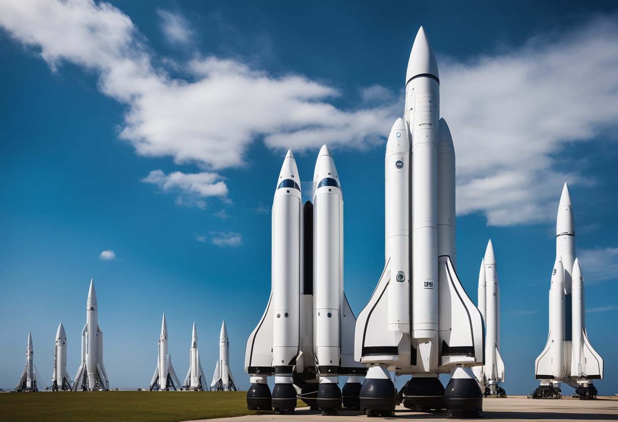 A lineup of sleek, futuristic launch vehicles stands ready for upcoming space tourism launches. The rockets are positioned on a launch pad, with the backdrop of a clear blue sky
