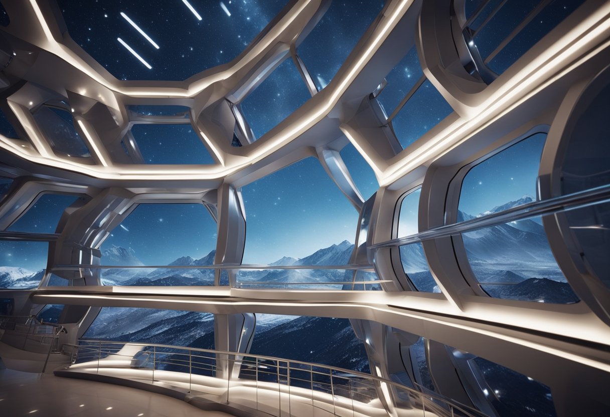 Space Hotel Development - A futuristic space hotel under construction, with sleek, metallic architecture and large windows overlooking the stars