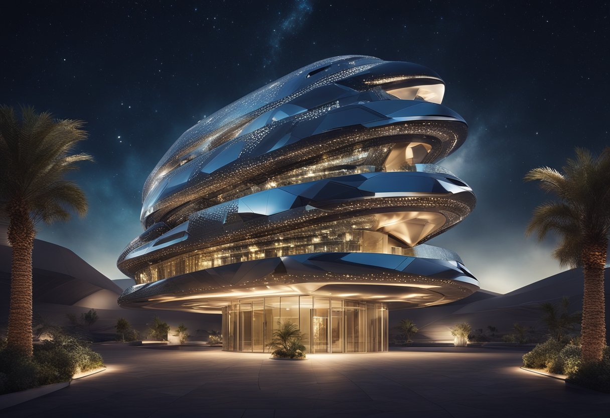 The space hotel's sleek, futuristic exterior rises against a backdrop of stars, with geometric shapes and metallic surfaces reflecting the light