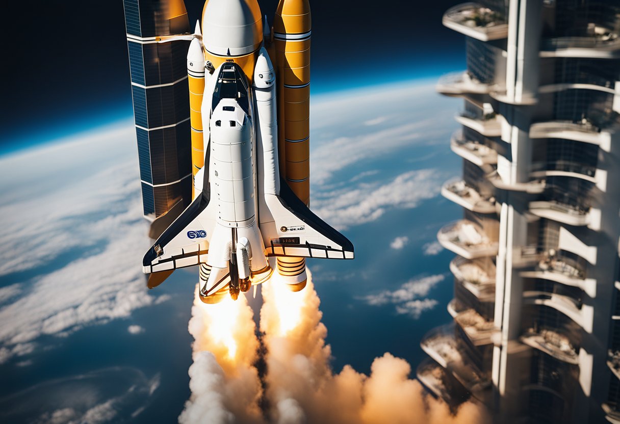 Space shuttles launch from Earth to futuristic space hotels orbiting above. The sleek, modern hotels are connected by walkways and surrounded by the vast expanse of space