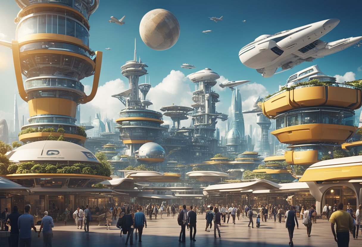 A bustling spaceport with cargo ships and tourists, surrounded by futuristic hotels and bustling marketplaces. A sense of economic growth and potential fills the air