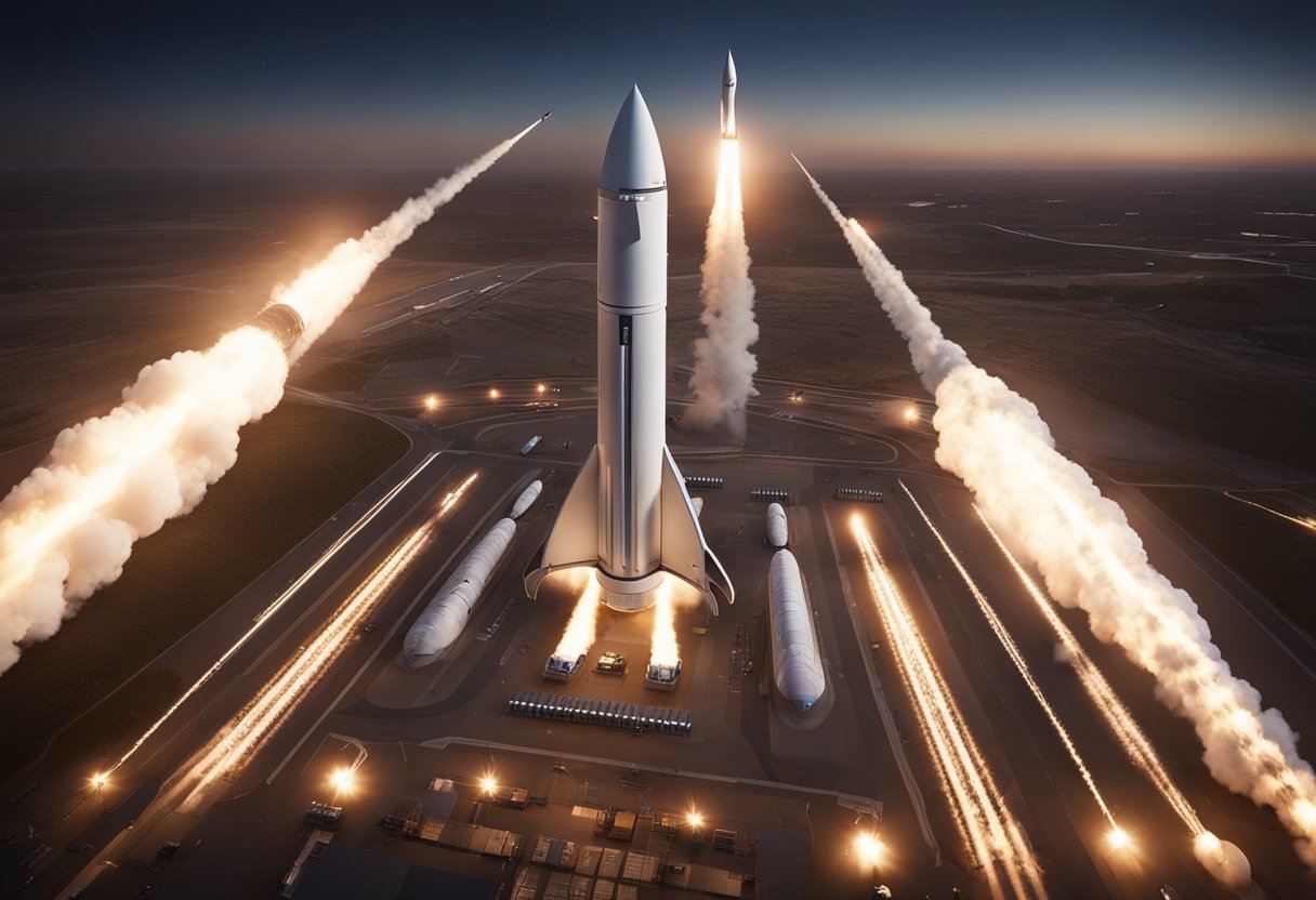 New space tourism companies launch rockets, with Earth in the background. A futuristic spaceport with sleek, modern architecture. Rockets blasting off into the cosmos