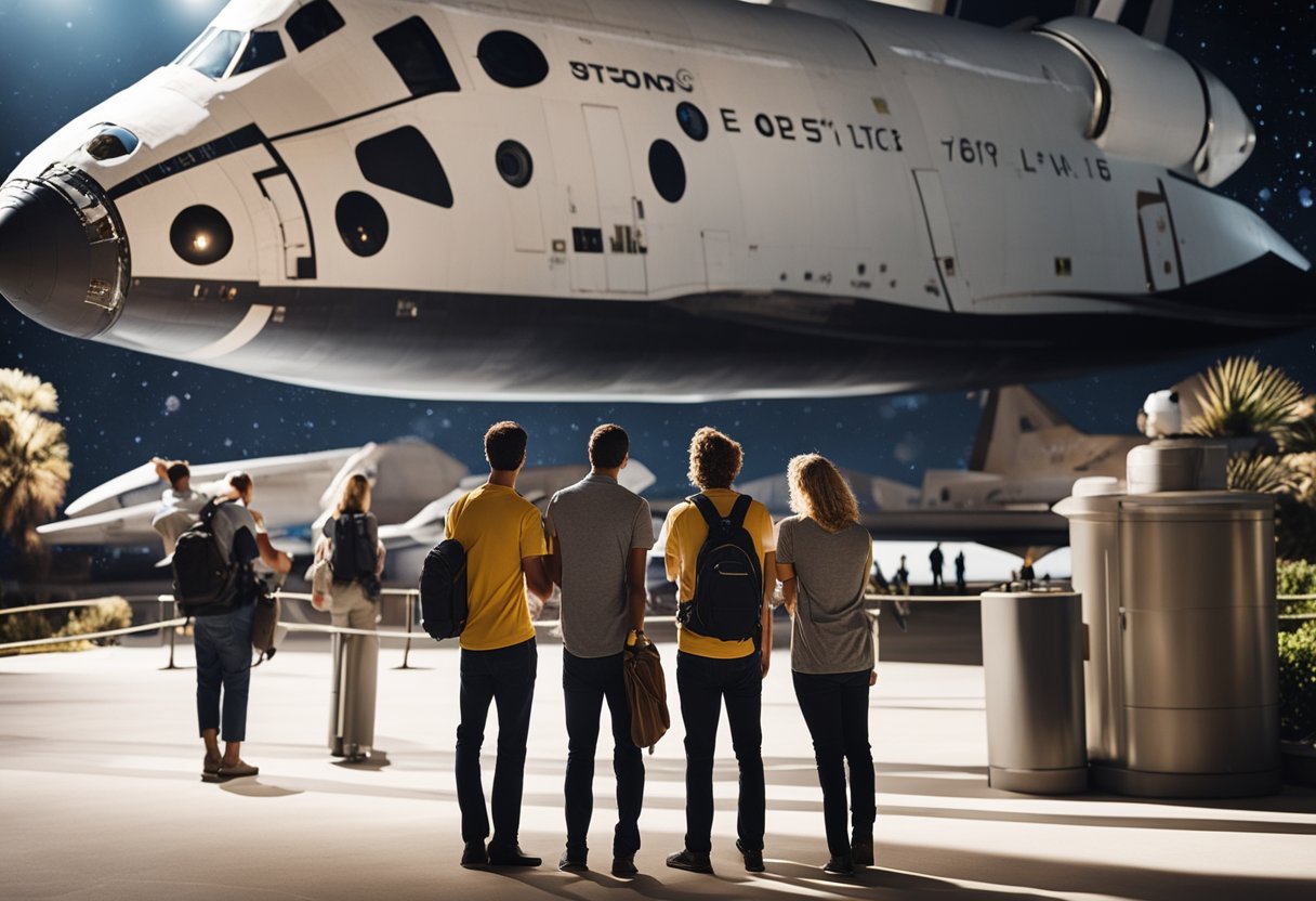 Excited tourists board sleek space shuttles, gazing at the stars, while staff ensure a smooth and luxurious experience