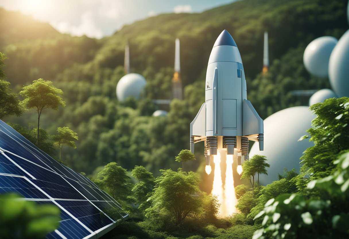 A rocket launches from a futuristic spaceport, surrounded by lush greenery and solar panels, symbolizing the rise of sustainable space tourism