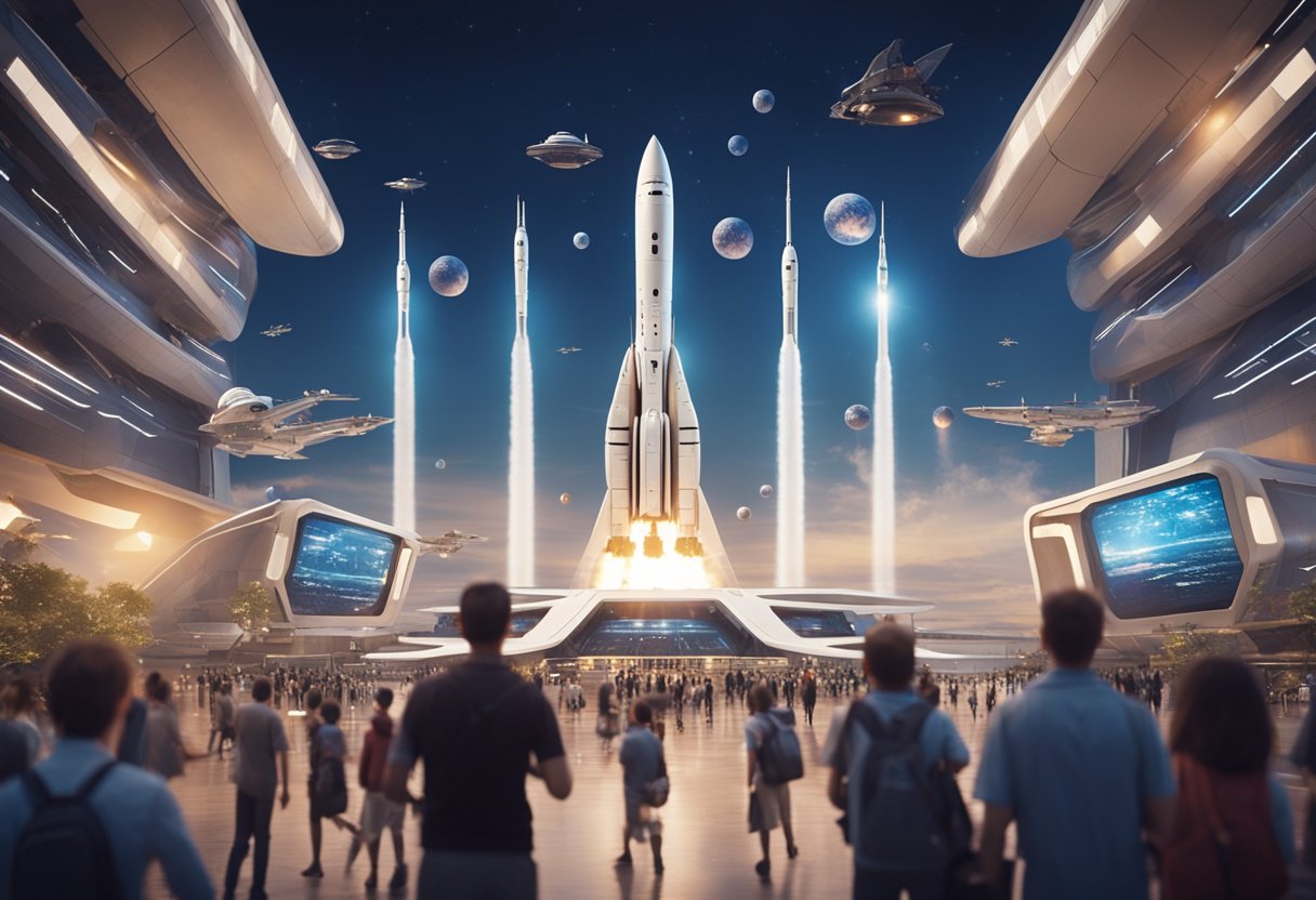 Spacecrafts launching from futuristic spaceports with crowds of excited tourists and employees, surrounded by advanced technology and bustling activity