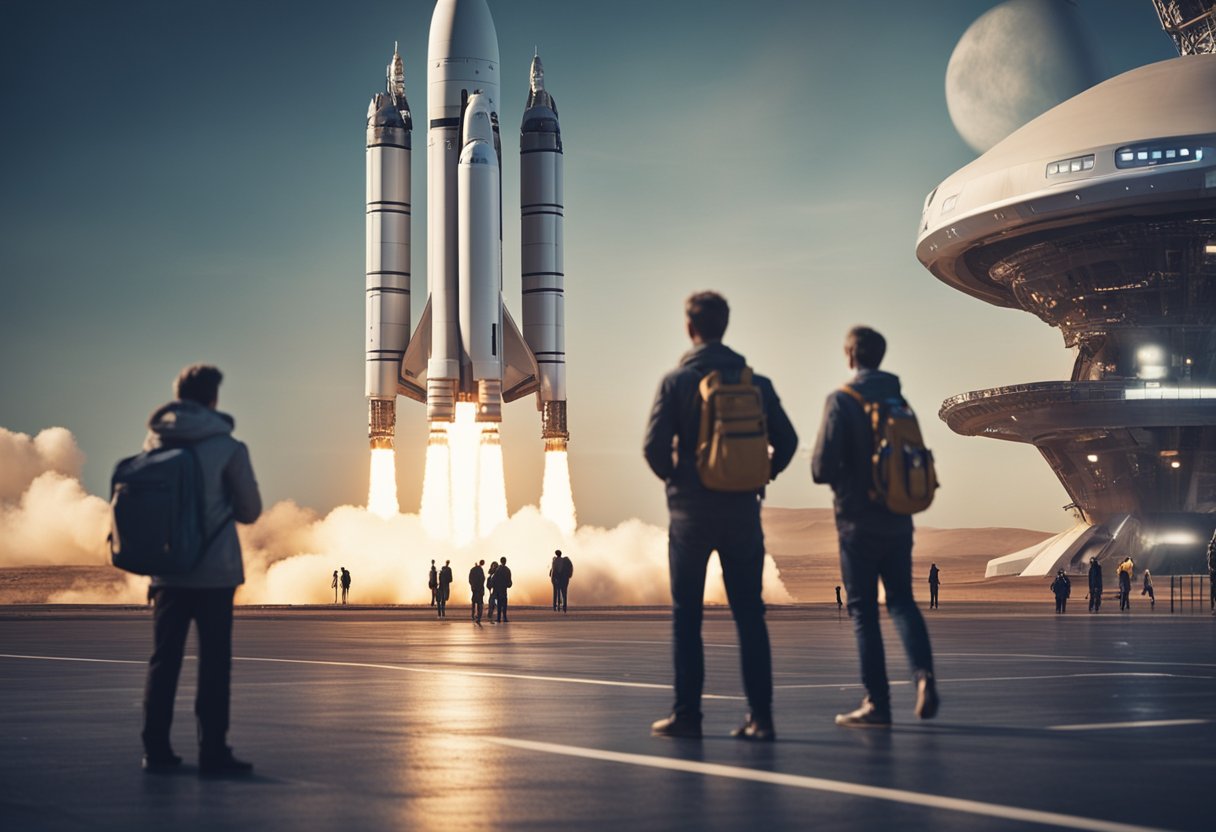 Space Tourism Industry: A rocket launches from a futuristic spaceport, with tourists boarding a spacecraft for a journey beyond Earth's atmosphere