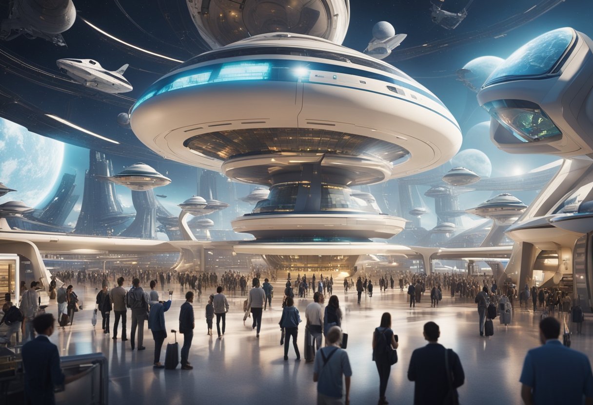 A futuristic spaceport with rocket ships, futuristic buildings, and a bustling crowd of tourists and officials, with signs and regulations for space tourism prominently displayed