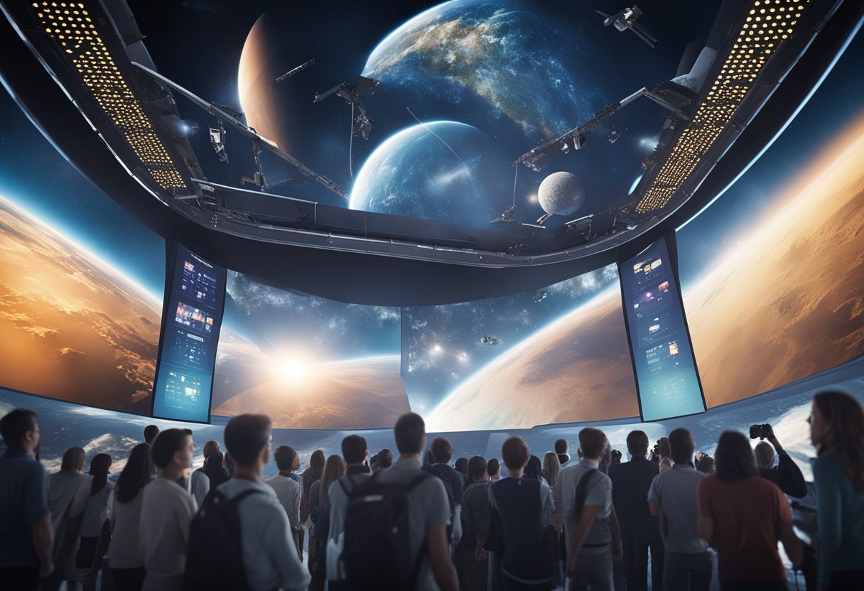 A crowd gathers around a large screen displaying live updates on space tourism. Media cameras capture the excitement and anticipation in the air
