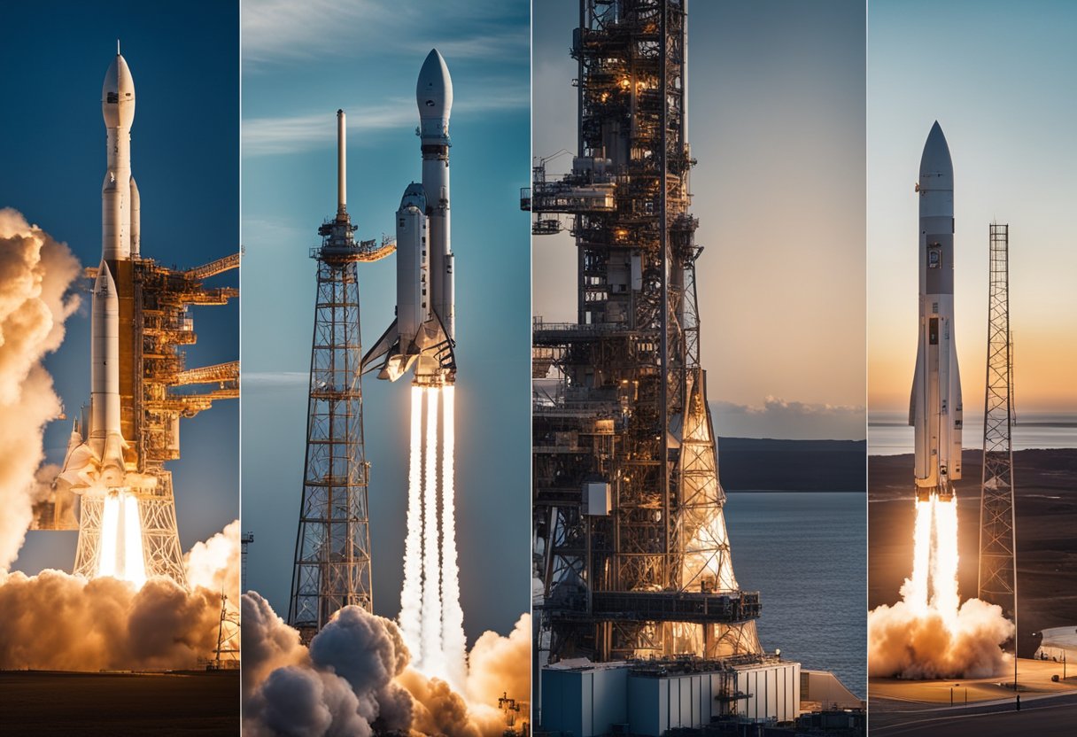Commercial spaceflight milestones depicted: rocket launches, space stations, tourist spacecraft, and industry updates