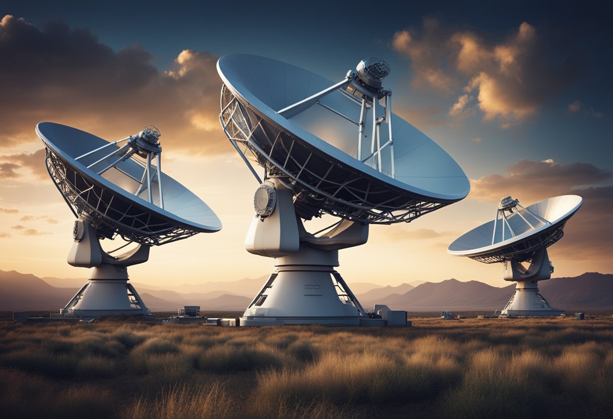 Radio telescopes scan the sky, data streams into computers, scientists analyze signals, and a potential extraterrestrial message is discovered