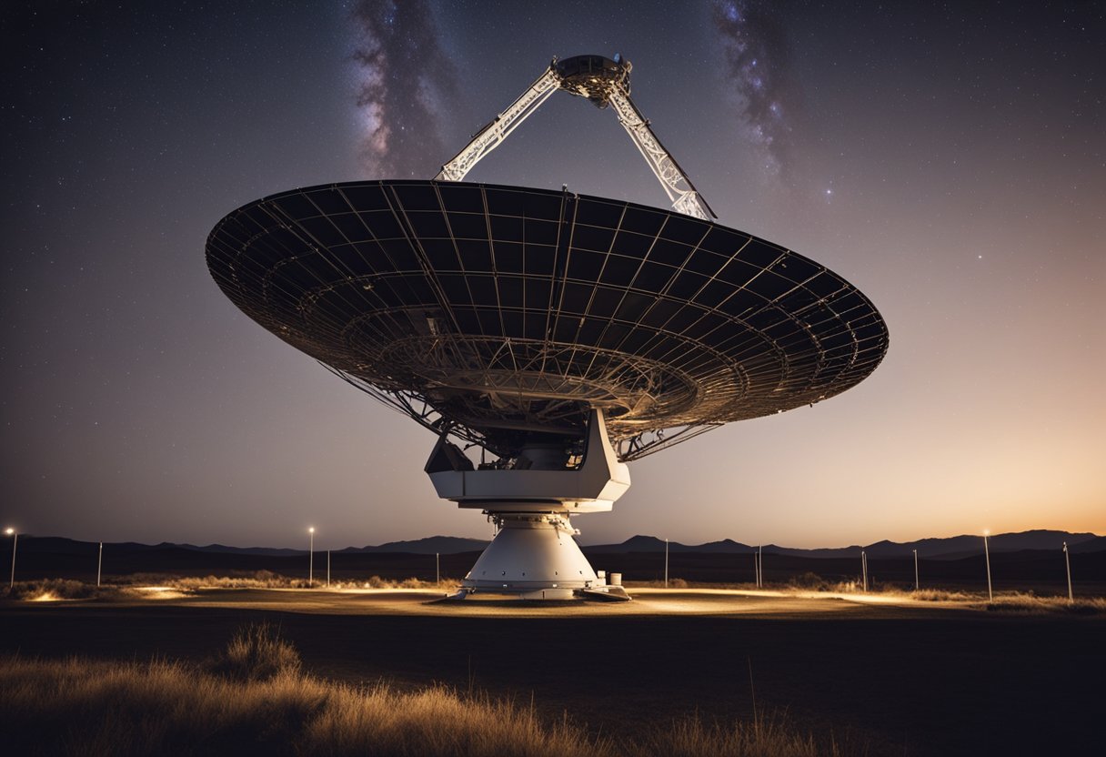 A radio telescope scans the night sky, searching for signals from distant stars. Data streams into a control center, where scientists analyze and interpret the potential messages from extraterrestrial civilizations