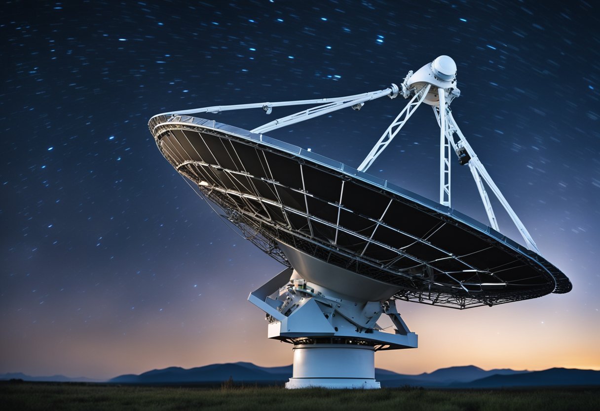 A radio telescope scans the night sky, searching for signals from extraterrestrial intelligence. Data streams in as scientists analyze findings in the lab