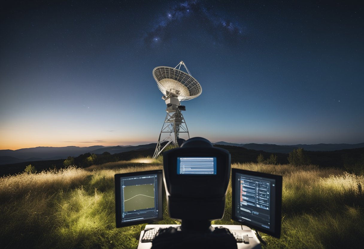 A radio telescope scans the sky, capturing signals from distant stars. A computer screen displays data, showing potential signs of extraterrestrial intelligence