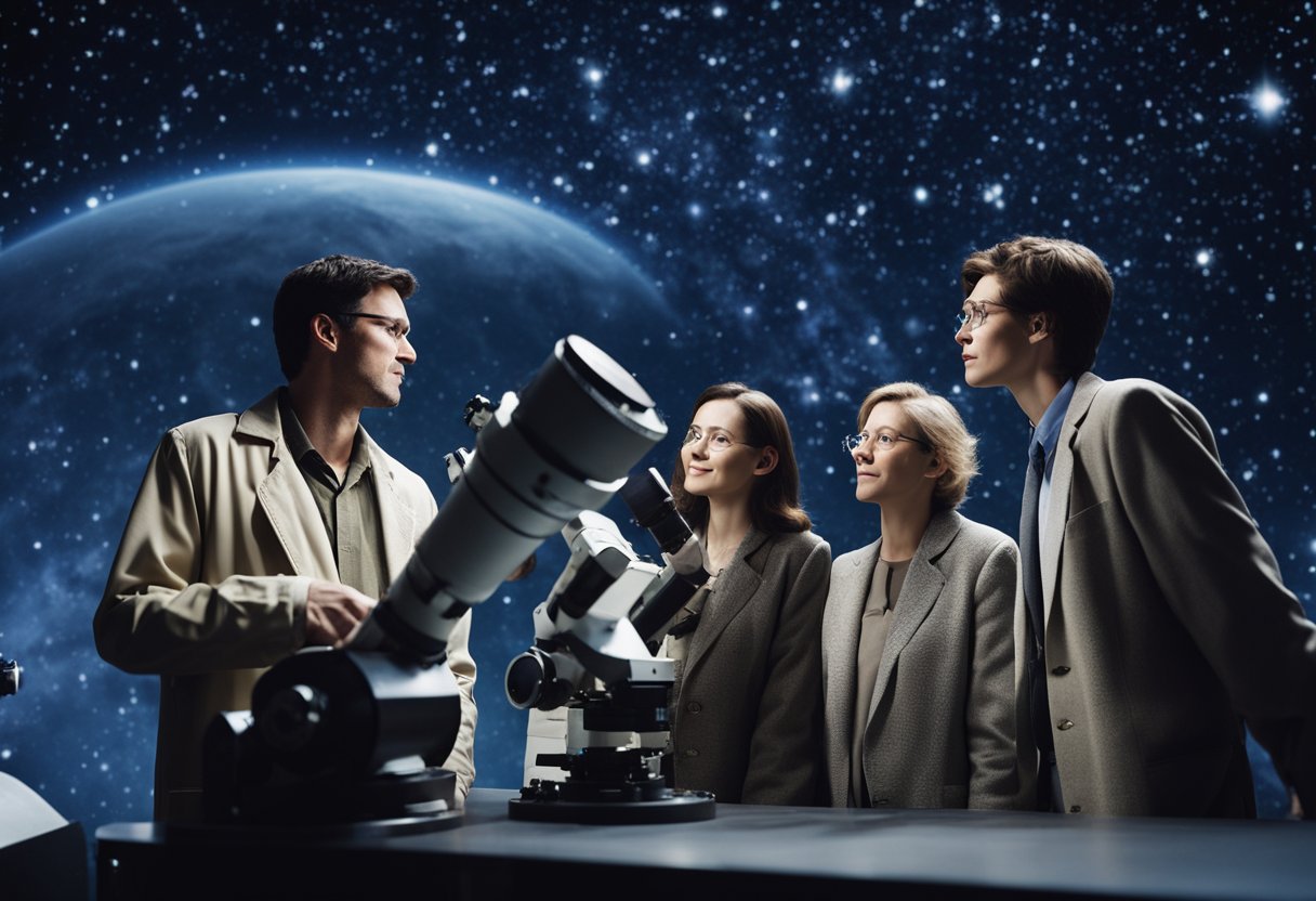 Scientists gather around a telescope, analyzing data and discussing the societal and philosophical impacts of SETI efforts and findings. The night sky is filled with stars, creating a sense of wonder and curiosity