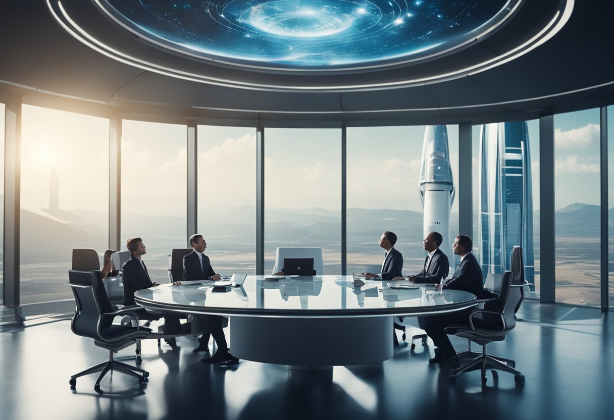 A group of officials discuss space tourism regulations in a modern conference room with large windows overlooking a futuristic spaceport