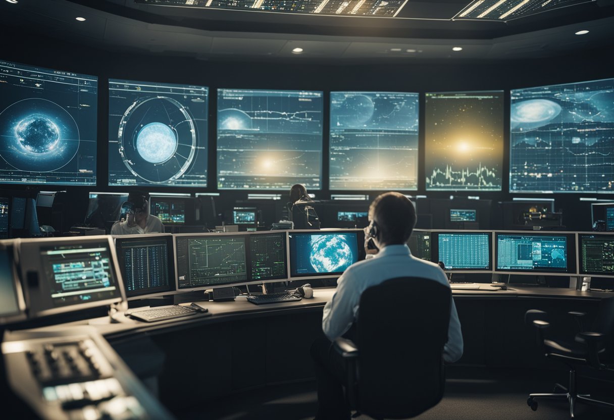 A high-tech control room with multiple operators monitoring large, advanced data screens displaying various SETI efforts and findings graphical analyses.