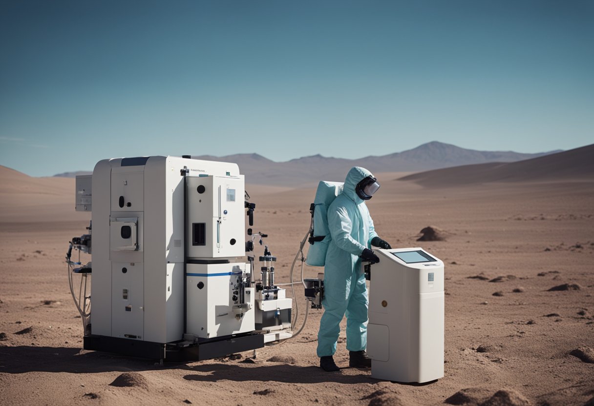 Extremophiles thrive in harsh space conditions, while scientists monitor for contamination. Research equipment and protective measures are visible
