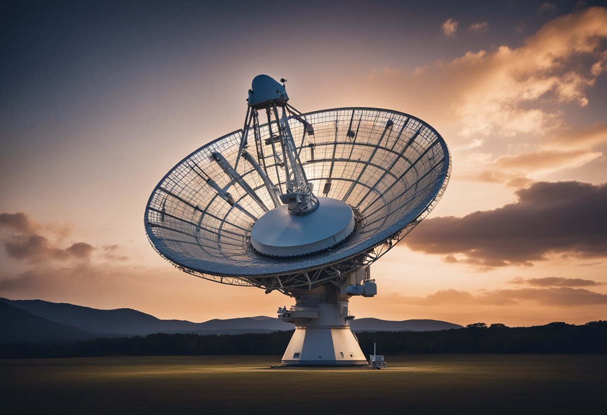 A radio telescope scans the night sky, while a satellite orbits Earth, both searching for signs of extraterrestrial life