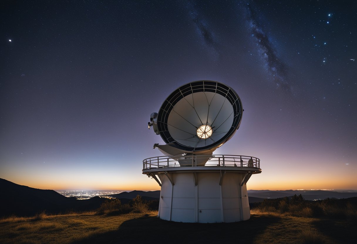 A telescope captures a distant galaxy, while a radio dish scans the cosmos for extraterrestrial signals. The scene is illuminated by the glow of a meteor shower streaking across the night sky