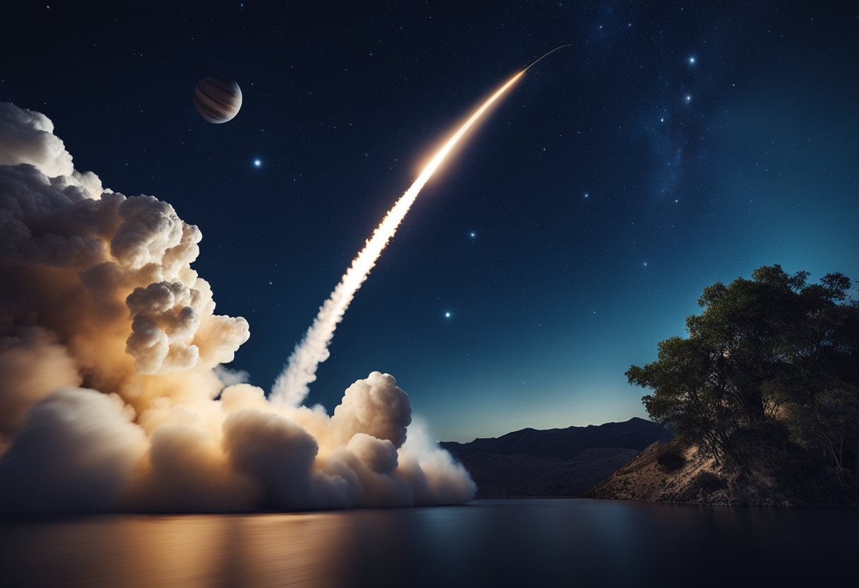 A rocket launching into the night sky, surrounded by stars and planets, symbolizing the cultural impact and imagination of space exploration