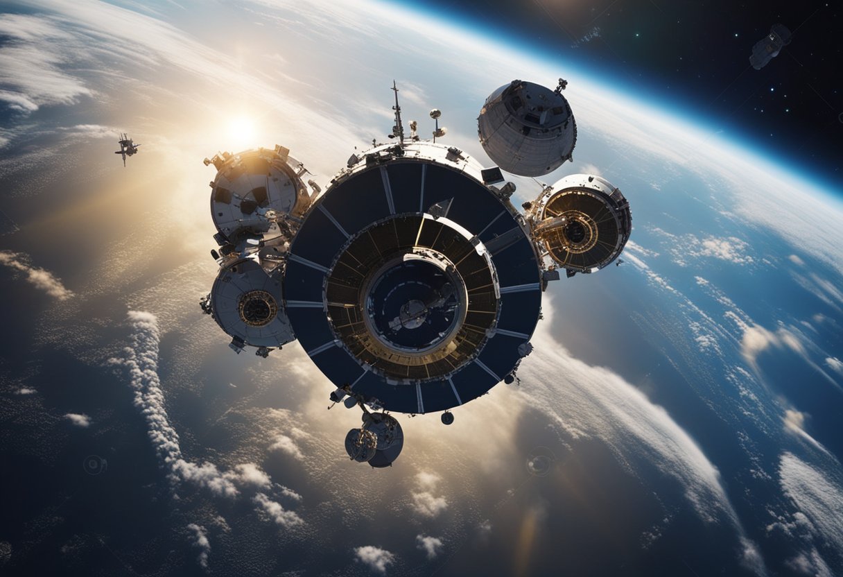 Spacecraft orbiting Earth, surrounded by satellites and celestial bodies, symbolizing economic and cultural impact of space exploration