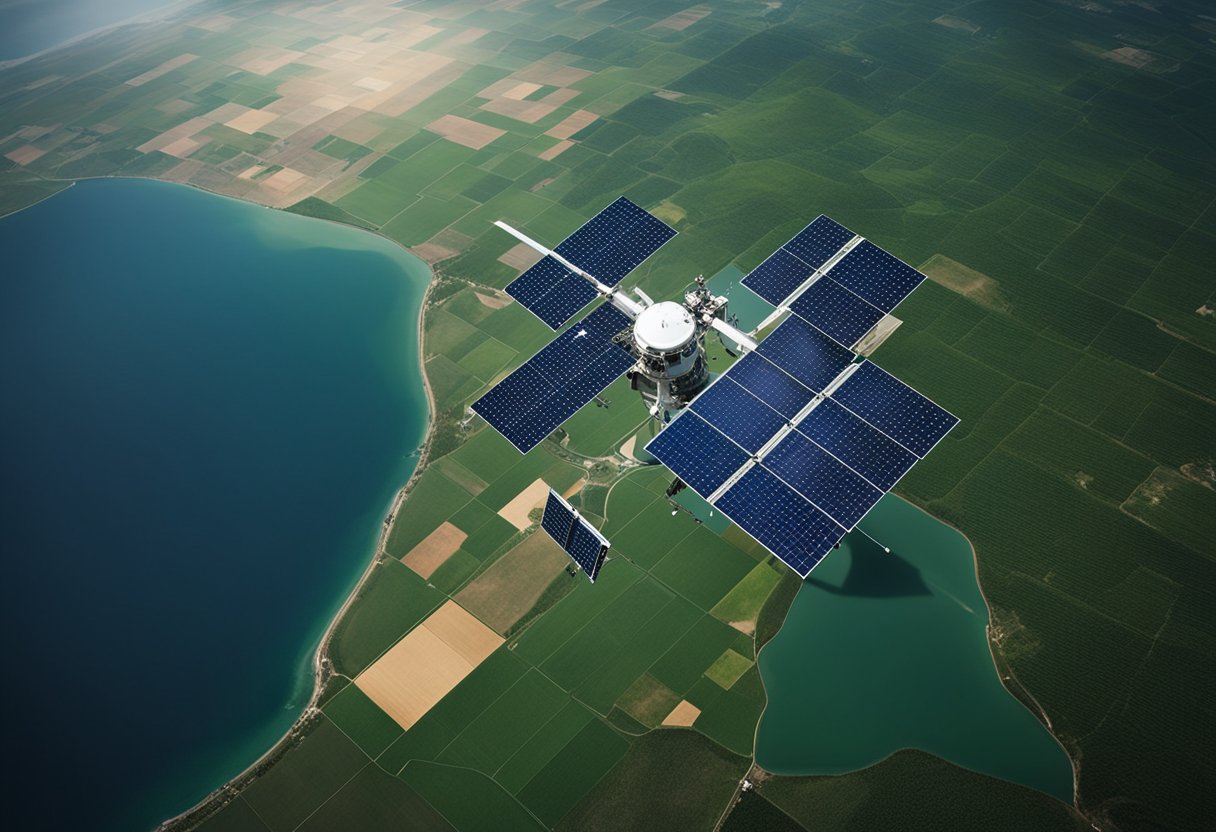 Space Tech on Earth - Satellite beaming data to Earth for weather monitoring, agriculture, and disaster response. Solar panels powering remote communities