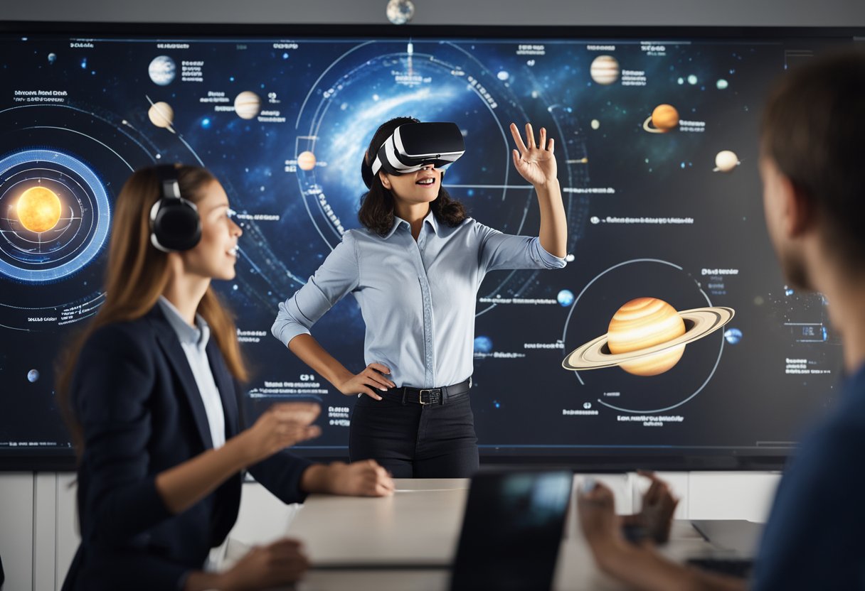 Students in a classroom, using virtual reality headsets to explore outer space. A teacher points to a holographic image of the solar system