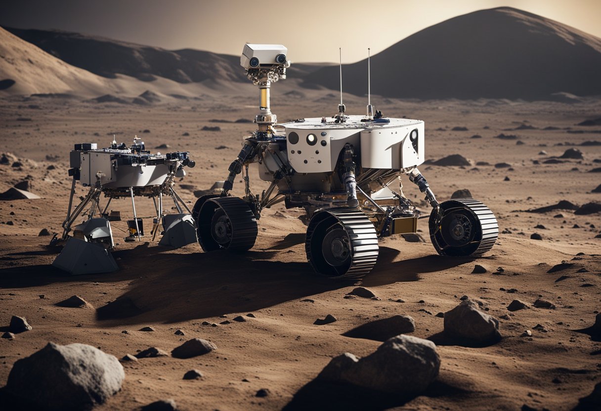 Robotic rovers traverse the rugged lunar landscape, collecting samples and transmitting data back to mission control. A sleek spacecraft hovers above, deploying advanced instruments to study the moon's surface
