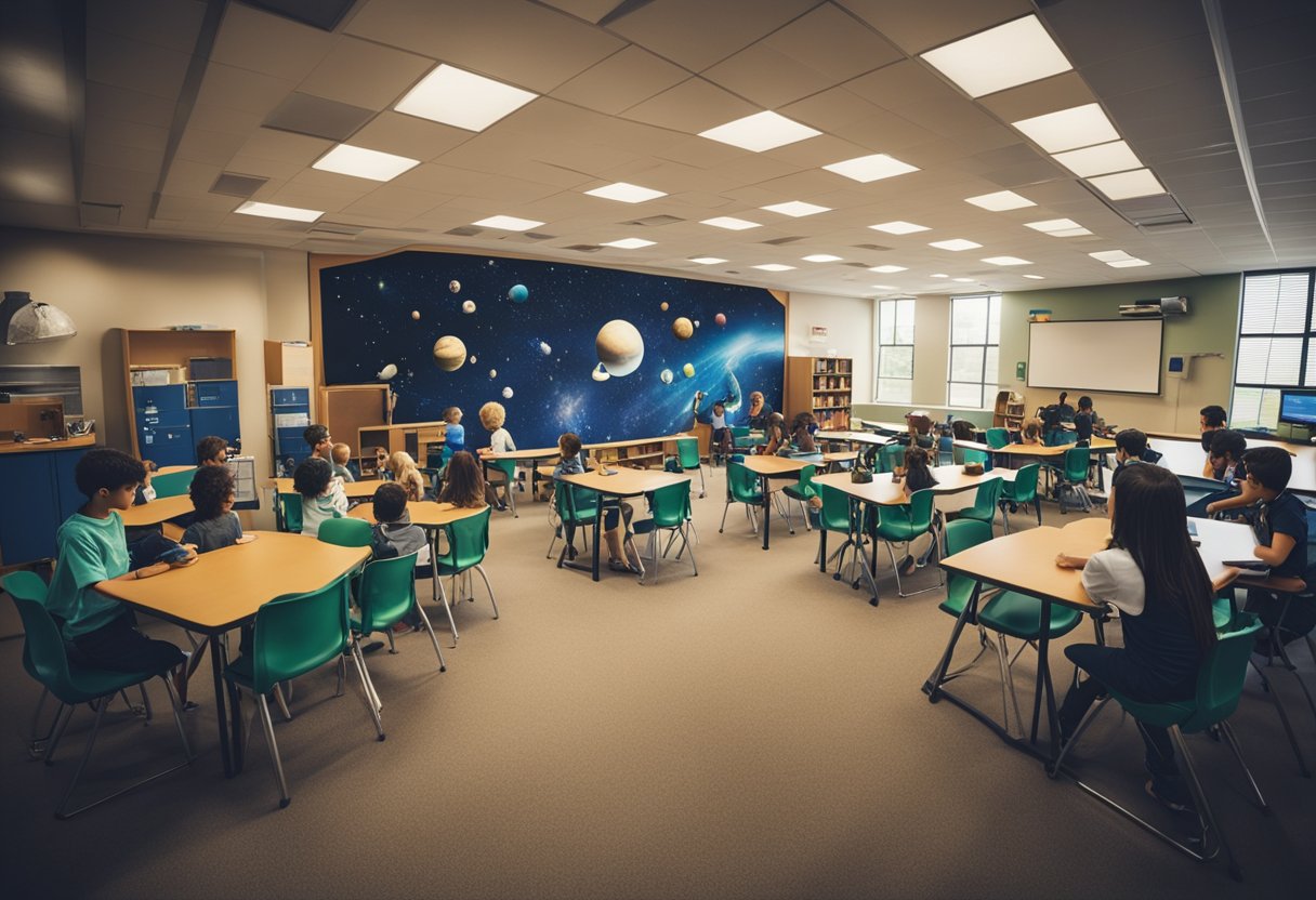 A classroom filled with students exploring space through interactive activities, models, and educational displays