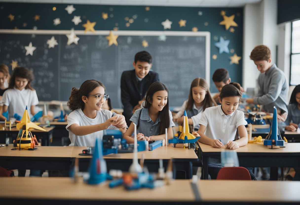 Students assembling rockets, observing stars, and conducting experiments in a space-themed classroom