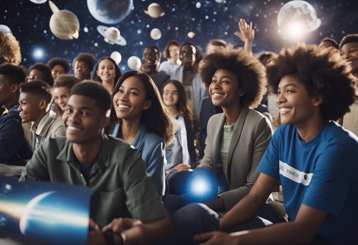 Diverse group of students engage in space-themed activities, surrounded by posters promoting equity and diversity in space education