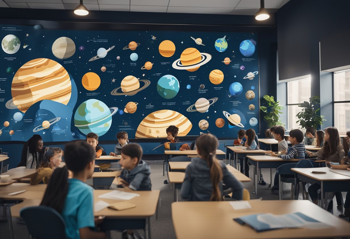 A classroom with students engaged in space-themed activities, surrounded by posters and models of planets and spacecraft