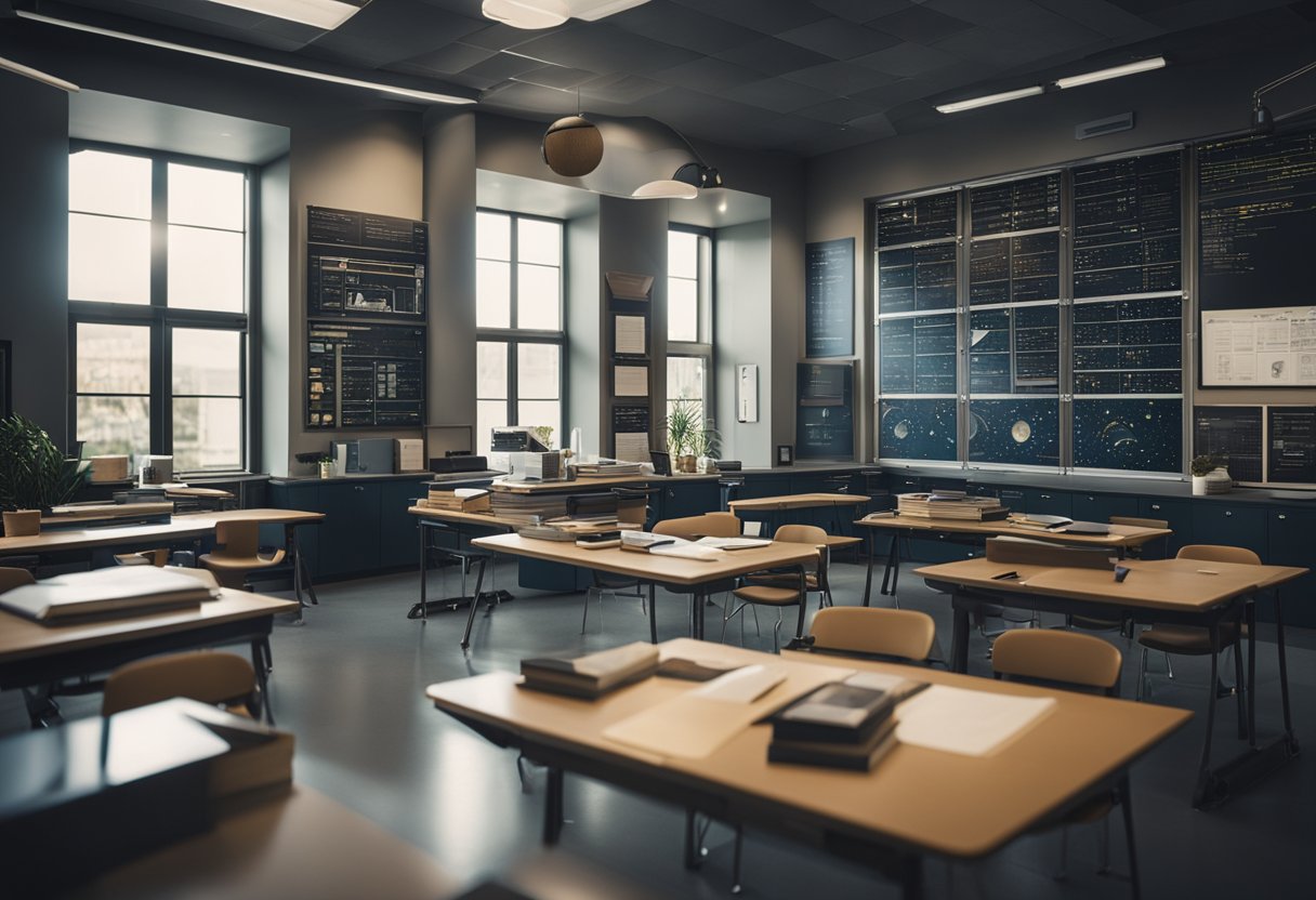 A classroom filled with educational resources and materials on space exploration, including models, charts, and books