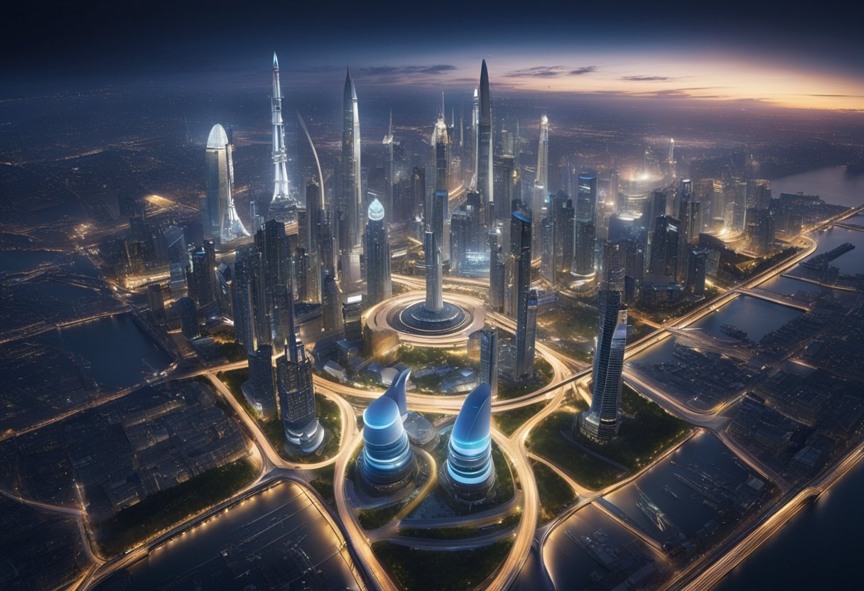 Vibrant city skyline with futuristic spaceports and bustling industries, showcasing the economic impact of space exploration