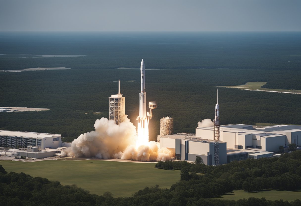 A rocket launches from a bustling space center, surrounded by educational institutions and high-tech workforce training facilities