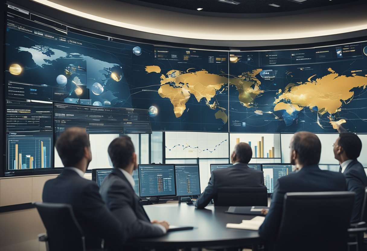 Government officials discussing space exploration's economic impact in a conference room with charts and graphs displayed on a large screen