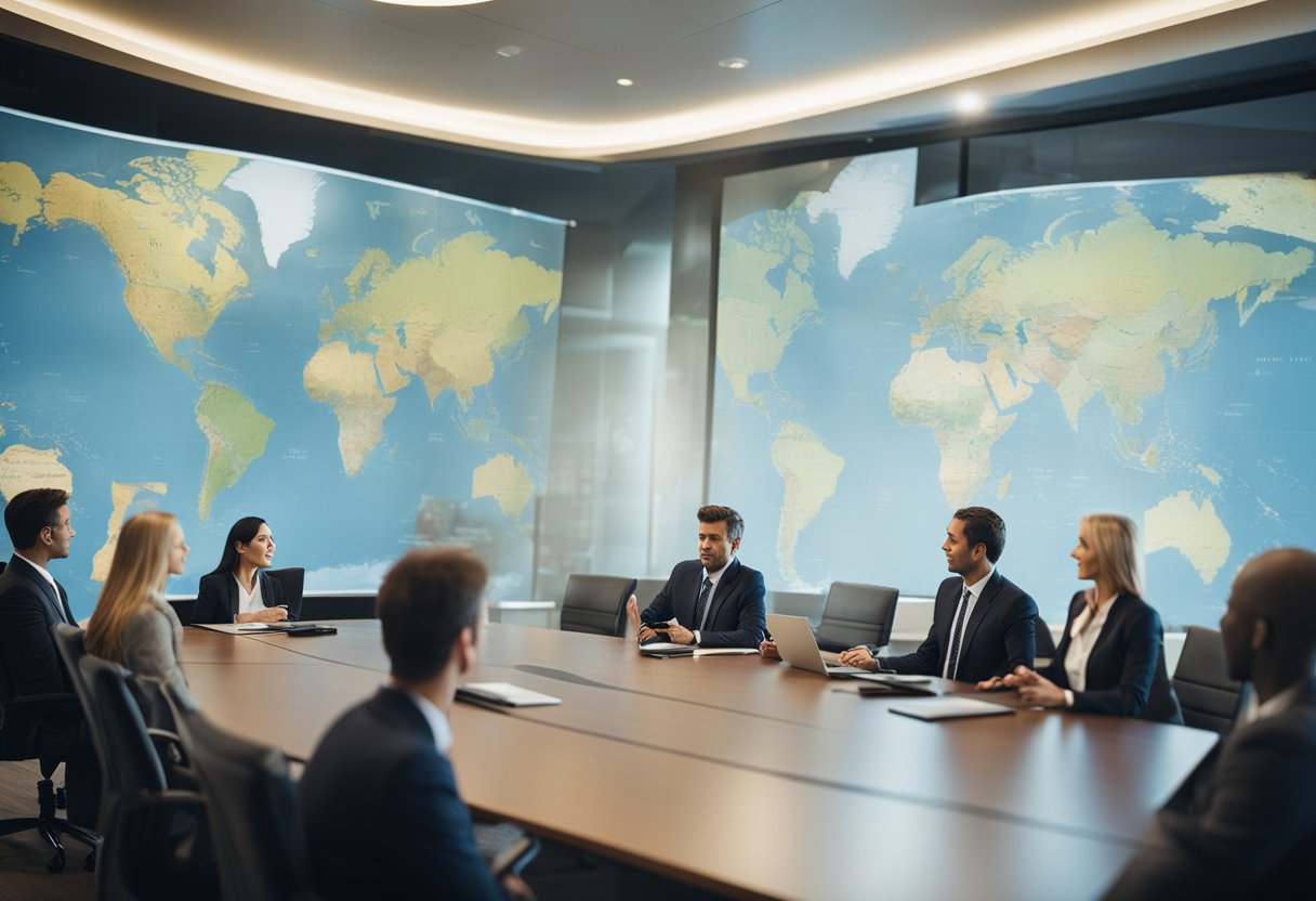 A group of legal experts discuss space law and policy in a conference room with a large world map on the wall