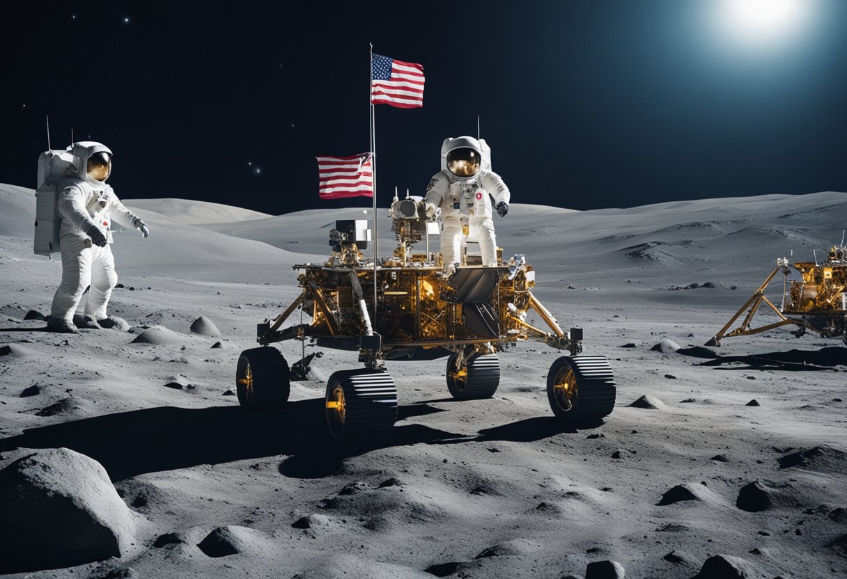 Multiple countries' flags surrounding a lunar rover, scientists collaborating, sharing data, and conducting experiments on the moon's surface