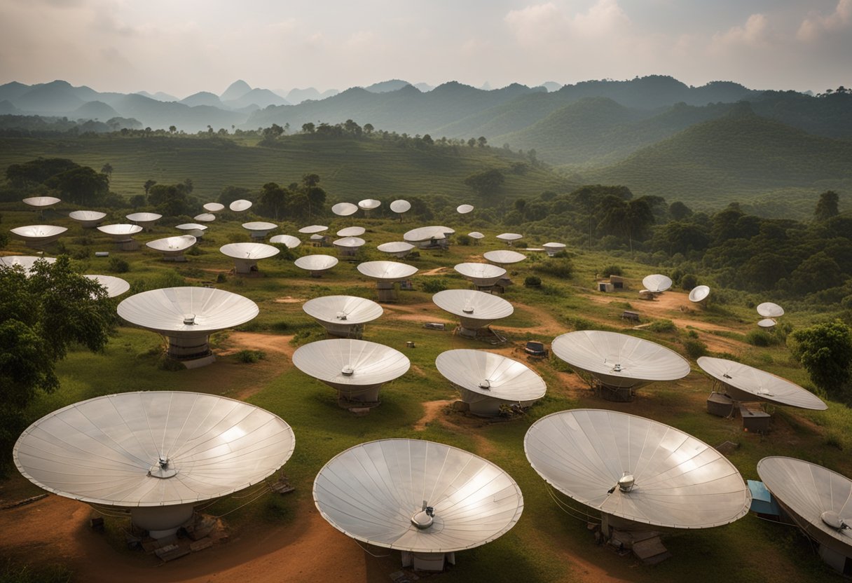 Satellite dishes stand tall in a rural village, connecting people to the world. The tech brings education, healthcare, and communication to developing nations