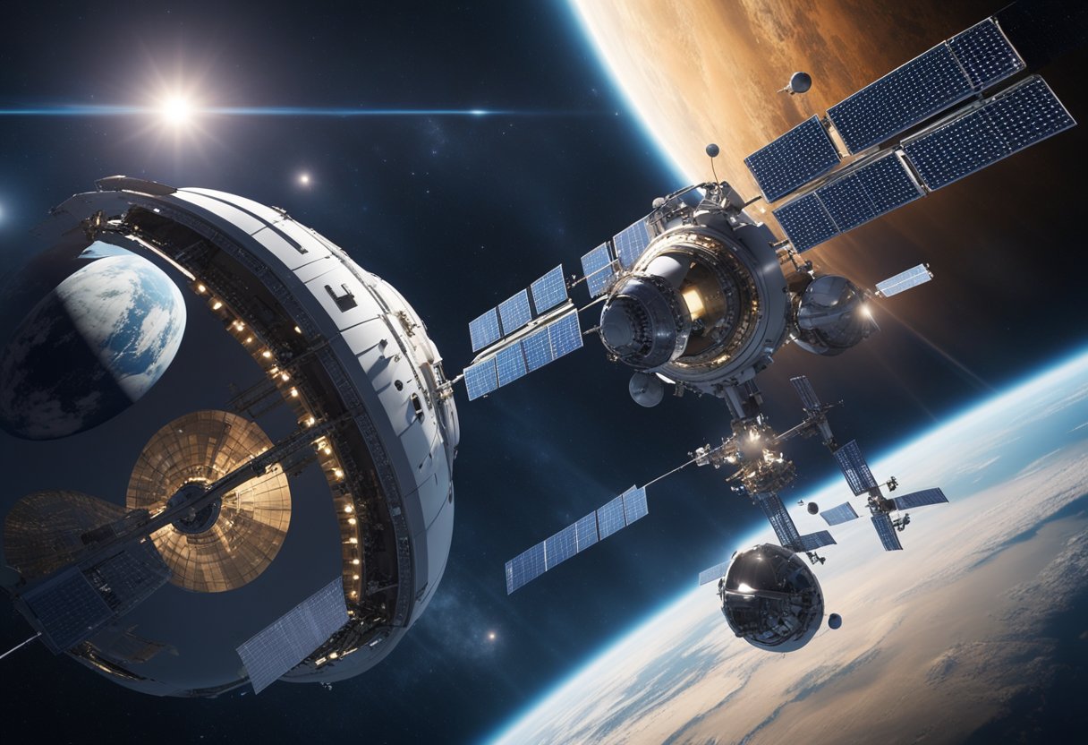 A sleek satellite orbits Earth, beaming data to a futuristic space station. Advanced computing tech powers the station, connecting humanity to the cosmos