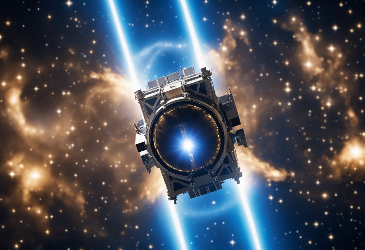 An ion thruster emits a stream of charged particles, propelling a spacecraft through the vacuum of space. The thruster's glowing blue exhaust creates a mesmerizing trail against the backdrop of the starry universe