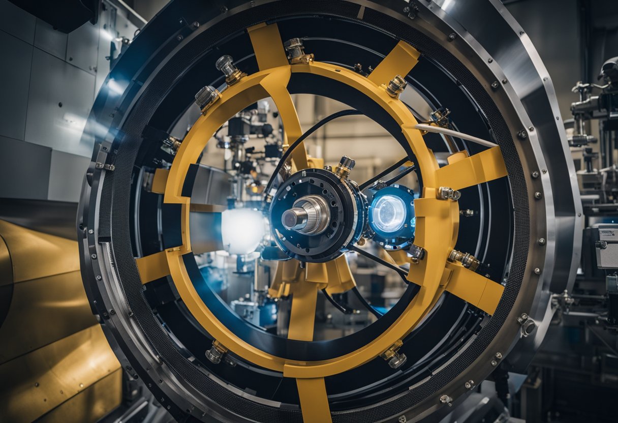 An ion thruster is being tested in a controlled environment. Engineers monitor the thruster's performance as it undergoes integration and testing procedures