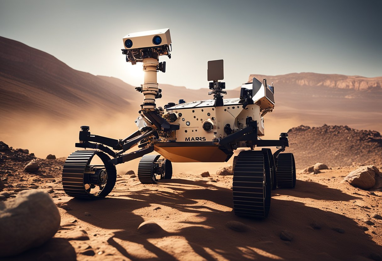 The Mars rover traverses rocky terrain, collecting samples and sending data back to Earth. Its solar panels glisten in the sunlight as it continues its mission