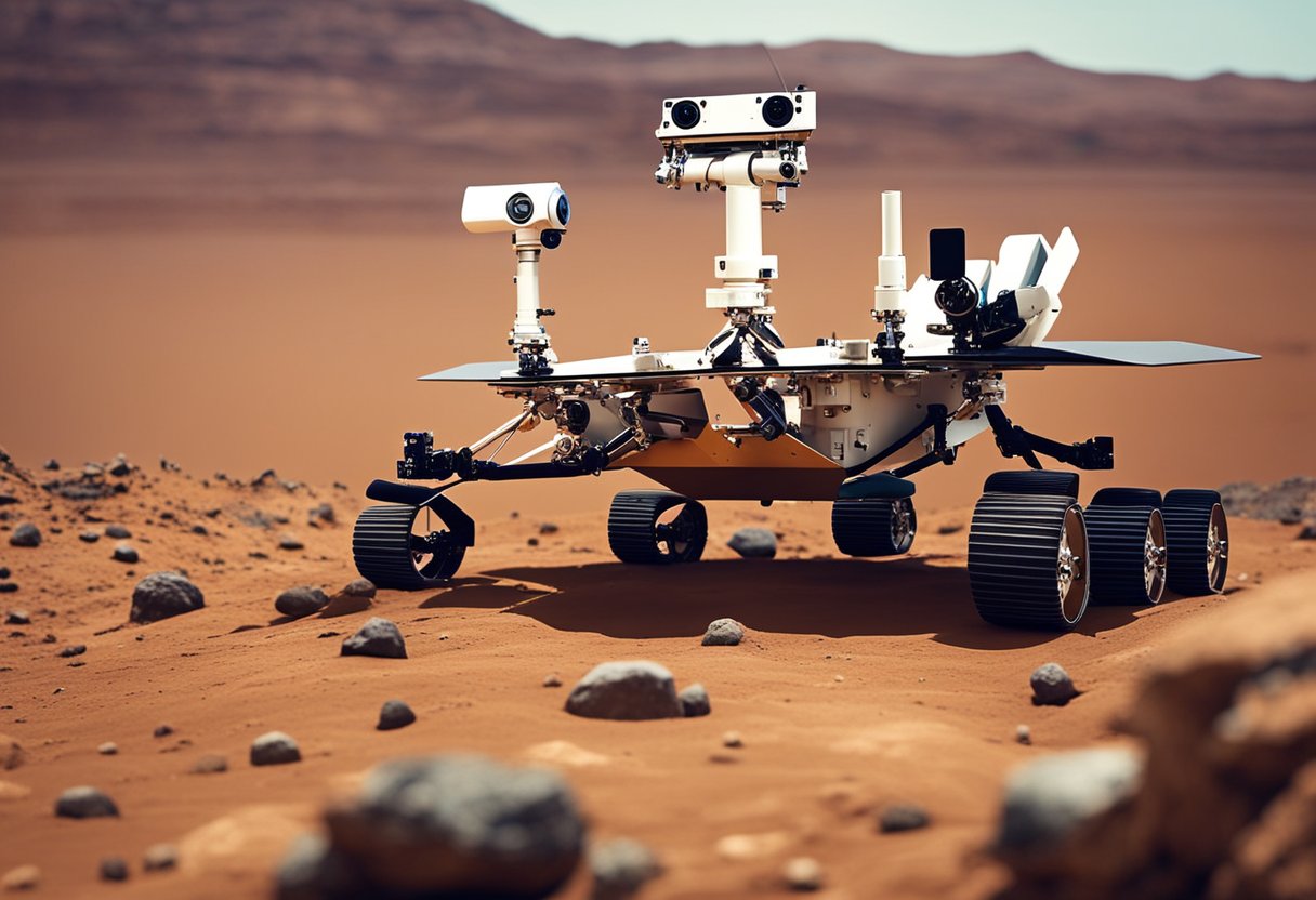 The Mars rover transmits data to Earth. Antennas receive signals. Scientists analyze information