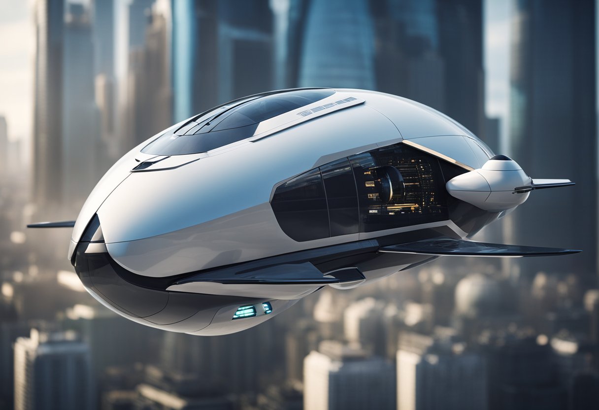 Spacecraft Design Innovations - A sleek, futuristic spacecraft hovers above a bustling city, showcasing innovative design features and advanced propulsion systems