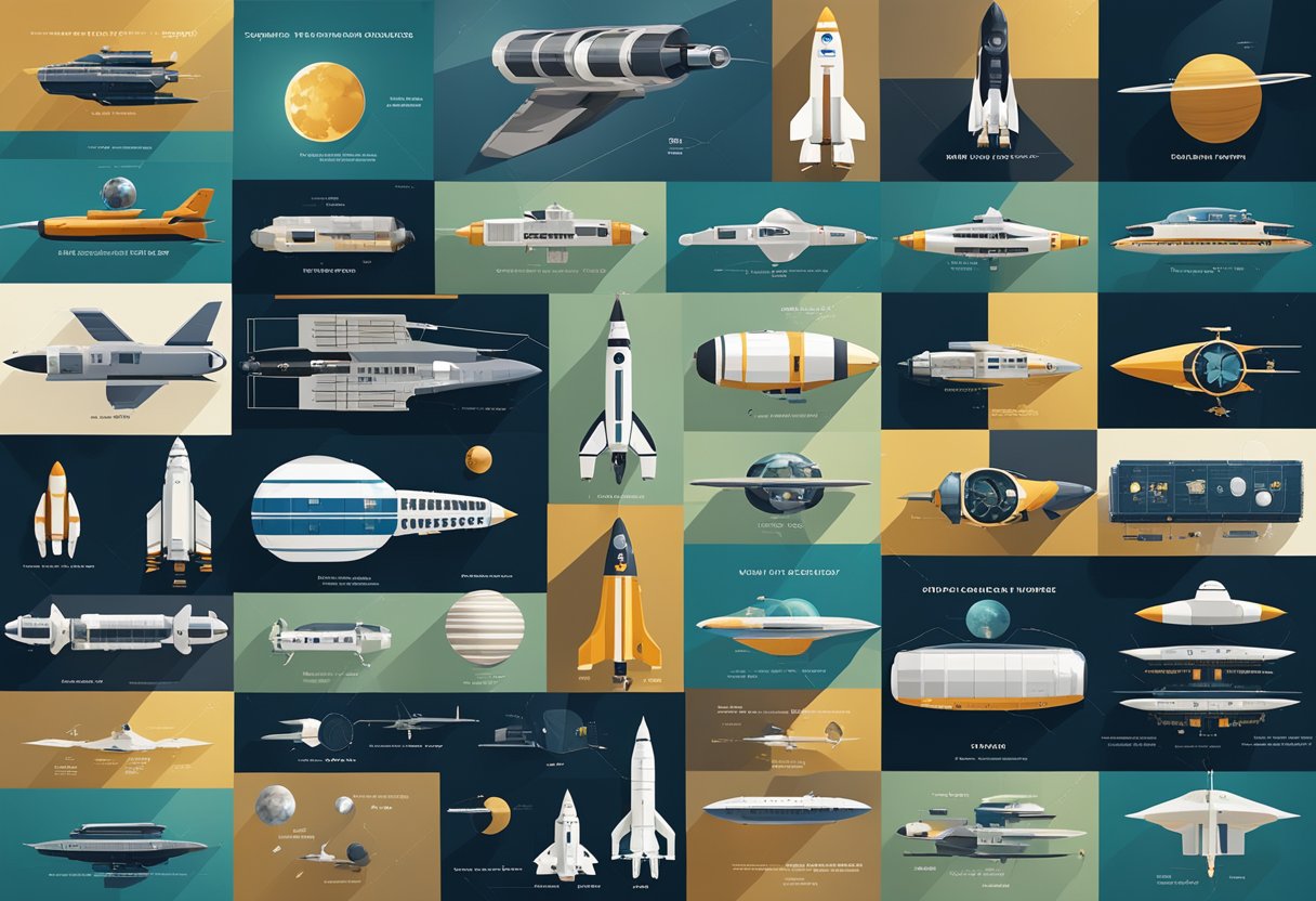 Various spacecraft designs evolve over time, from early rockets to modern capsules and shuttles, reflecting technological advancements and historical context